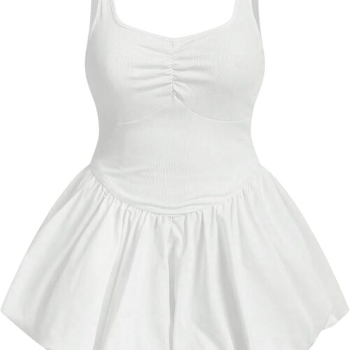 Plus-Size Sleeveless Ribbed Pleated A-Line Bubble Mini Dress
