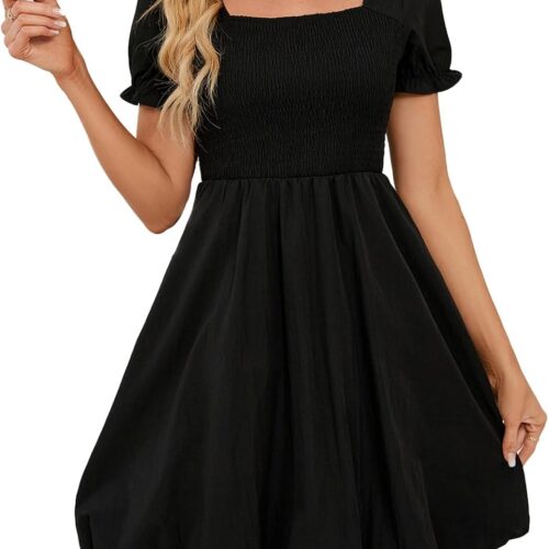 Stylish Short-Sleeve Square-Neck A-Line Tiered Bubble Mini Dress
