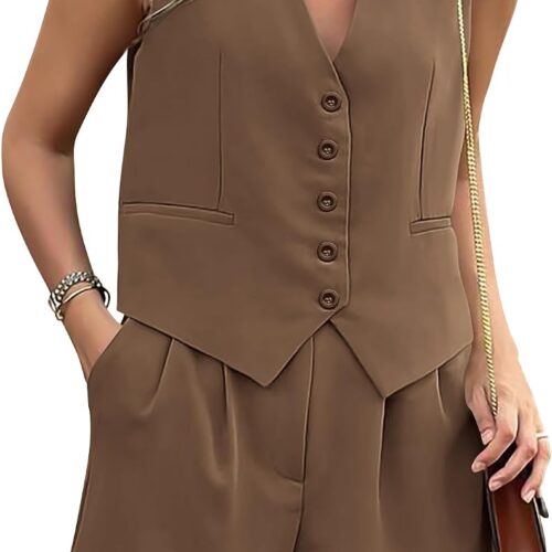 V-Neck Button-Front Sleeveless Vest and Shorts Business Commuter Set