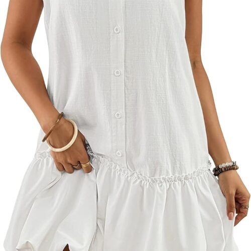 Casual Sleeveless Linen Button-Front Beach Bubble Mini Dress