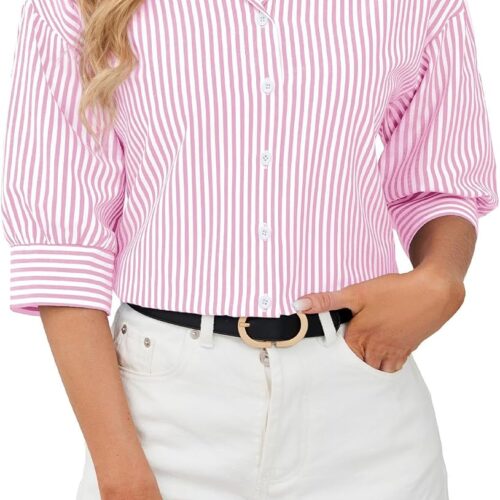 Striped 3/4-Sleeve Non-Iron Business-Casual Shirt With Collar