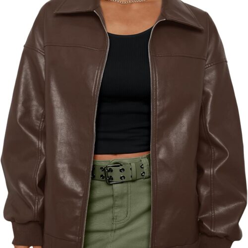Oversized Faux Leather Biker Jacket with Zipper